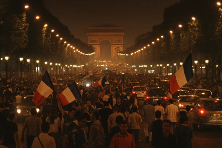 Célébration nocturne sur les Champs-Élysées lors de la victoire de la France en Coupe du Monde 1998, foule et drapeaux tricolores autour de l’Arc de Triomphe