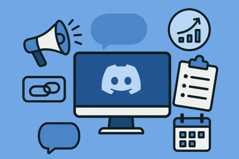 Illustration horizontale montrant un ordinateur avec logo Discord, mégaphone, graphique de croissance et icônes de planification pour promouvoir un serveur Discord