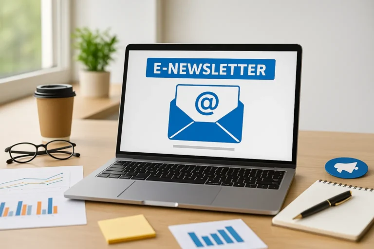 Photo réaliste d’un bureau avec un ordinateur portable affichant une e-newsletter, entouré d’accessoires de travail et baigné de lumière naturelle.