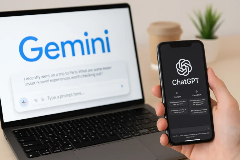 Photo réaliste montrant un ordinateur portable avec l’interface Gemini et un smartphone affichant ChatGPT, posés sur un bureau.
