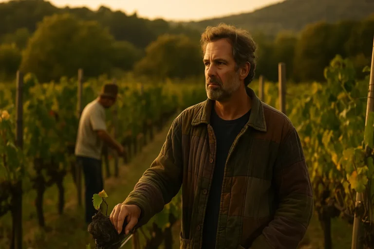 Vigneron observant ses vignes au coucher du soleil, scène inspirée du documentaire Les Aventuriers du Vin