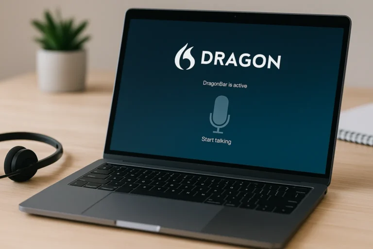 Photo réaliste d’un ordinateur portable affichant le logiciel Dragon avec un casque audio posé sur un bureau clair.