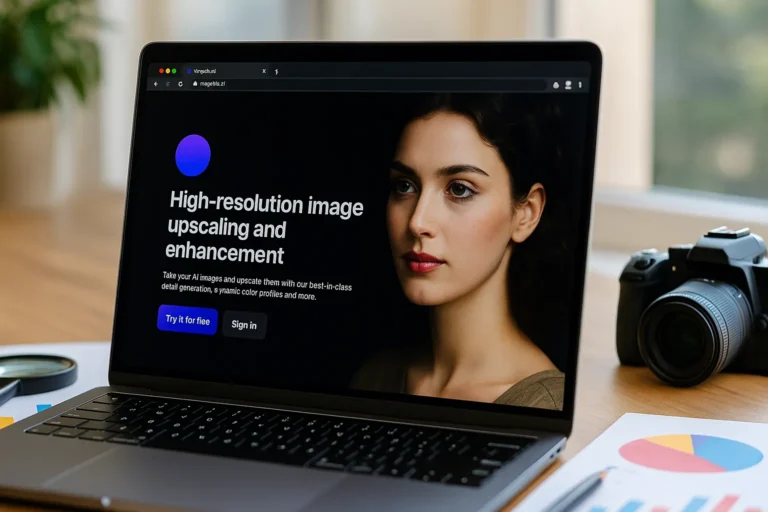 Photo d’un ordinateur portable affichant Magnific AI avec un portrait amélioré et des outils photo sur un bureau lumineux.