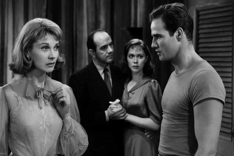 Scène en noir et blanc du film Un tramway nommé Désir (1951) avec Vivien Leigh et Marlon Brando dans un échange intense